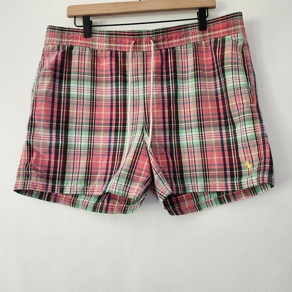 Polo by Ralph Lauren mesh liner pink plaid elastic drawstring shorts swim Mens M - Picture 1 of 7